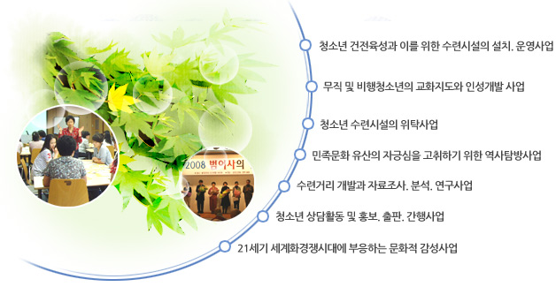 1.청소년 건전육성과 이를 위한 수련시설의 설치, 운영사업 2. 무직 및 비행청소년의 교화지도와 인성개발 사업 3. 청소년수련시설의 위탁사업 4.민족문화 유산의 자긍심을 고취하기 위한 역사탐방사업 5.수련거리 개발과 자료조사, 분석, 연구사업 6.청소년상담활동 및 홍보, 출판, 간행사업 7.21세기 세계화 경쟁시대에 부응하는 문화적 감성사업